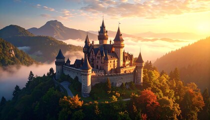Fototapeta premium Enchanting sunrise over fairytale castle atop wooded hill misty mountain backdrop