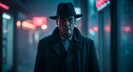 Neo-noir detective in a rainy city street with neon lights at night