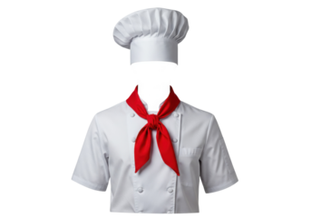 Chef uniform with hat and red neckerchief isolated PNG, professional kitchen apparel for culinary arts and restaurant industry