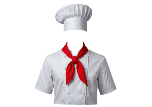 Chef uniform with hat and red neckerchief isolated PNG, professional kitchen apparel for culinary arts and restaurant industry