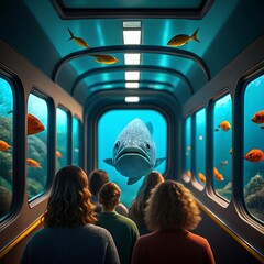People observe a large fish in a futuristic underwater tunnel aquarium