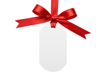 Blank gift tag with red ribbon isolated PNG, festive label for Christmas presents and birthday gifts on transparent background