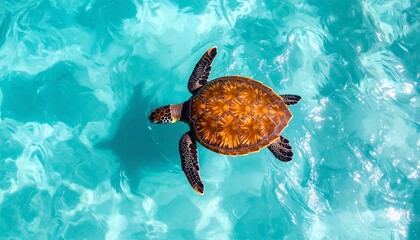 Sea Turtle's Serene Swim: Aerial View of a Loggerhead Amidst Azure Waters