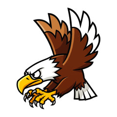 Fierce cartoon eagle with sharp talons and determined gaze swooping downwards with wings spread wide, illustrating power and focus
