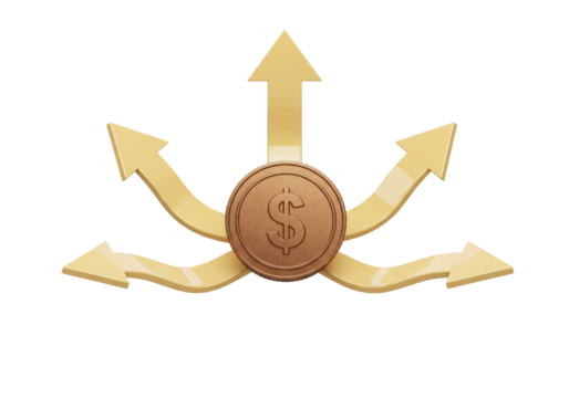 Golden coin with dollar sign and arrows isolated PNG, investment and financial growth concept on transparent background
