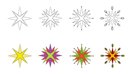 Star shapes evolution with geometric elements in a row, showing progression design from simple outline to colorful forms