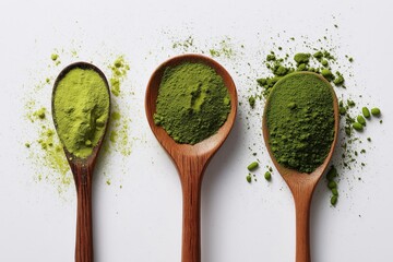 Three wooden spoons hold different shades of green powders, suggesting various types of matcha or green superfoods, set against a clean white background.