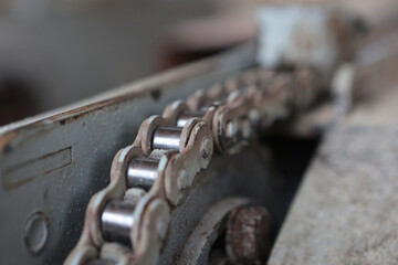 Metal parts of woodworking machine in close-up. Concept of woodworking.