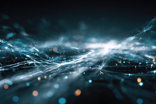 Abstract digital rendering with light trails and connection nodes, evoking interconnectedness and data streams