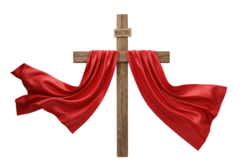 Wooden Christian cross with red cloth isolated PNG, religious symbol of faith and salvation on transparent background, Easter and Good Friday concept