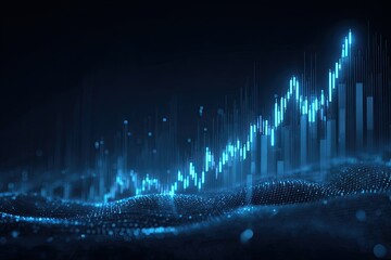 A glowing blue stock market graph depicts upward trend against dark background