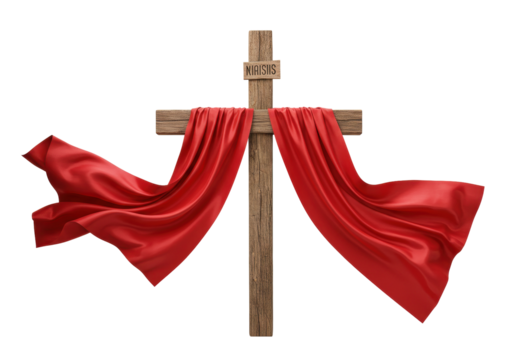 Wooden Christian cross with red cloth isolated PNG, religious symbol of faith and salvation on transparent background, Easter and Good Friday concept