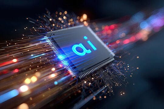 Digital artwork showcasing a central processing unit lit with blue text and colorful data flow