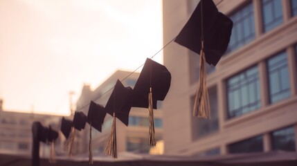 alumni. Academic caps suspended in air with golden tassels, evoking graduation pride and achievement. event programs, museum guides, designed for cultural heritage projects and event programs.
