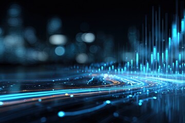Abstract digital design depicts data flow with streaks of light and vertical bars against a dark backdrop