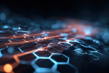 Abstract hexagonal pattern lit with blue and orange, suggesting data flow in a dark background