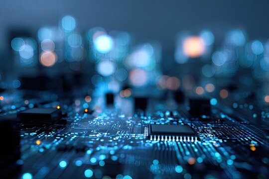 Close-up of a circuit board with glowing digital elements in a soft-focus, blurred background