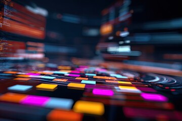 Abstract perspective, focus on pixelated squares. Blurry background of glowing digital structures