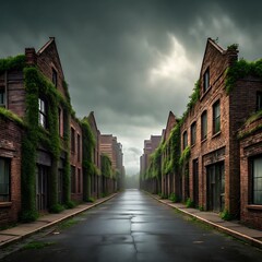 Overgrown abandoned street with crumbling brick buildings under a stormy sky