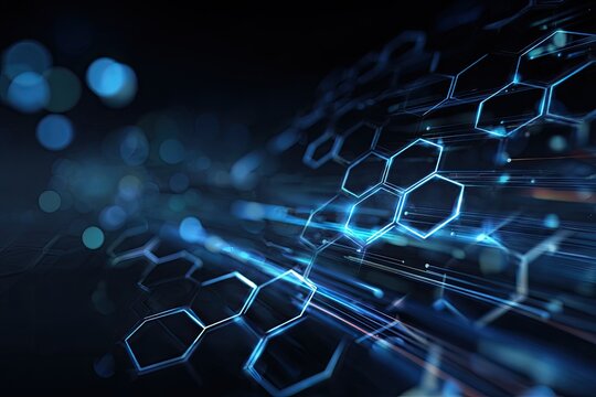 Futuristic tech illustration glowing blue hexagonal pattern, data streams, dark background