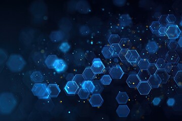 A digitally rendered scene of interconnected, glowing blue hexagons floating against a dark background