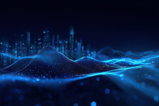 Abstract digital cityscape illuminated by glowing lines and dots, evoking a futuristic ambiance