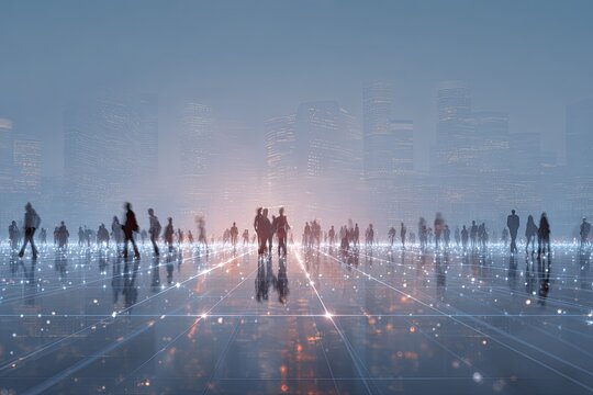 Silhouettes of many people traversing a digital, glowing, cityscape environment - Powered by Adobe