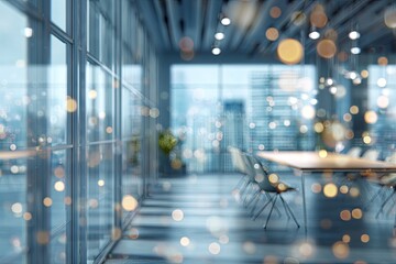 Modern meeting room with large windows, blurred bokeh, city skyline, and minimalist decor