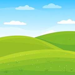 Obraz premium Animated green rolling hills scene with a bright blue sky and fluffy clouds