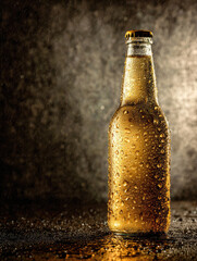Chilled amber beer bottle with condensation droplets on dark wet surface against moody textured background with warm spotlight