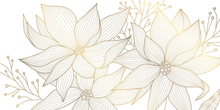 Elegant golden floral background with seasonal botanical elements, line vector style. Perfect for luxury holiday cards, wedding invitations, and modern winter or spring design projects
