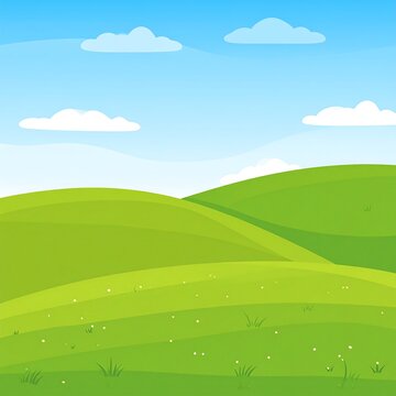 Animated green rolling hills scene with a bright blue sky and fluffy clouds
