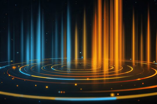 Abstract artwork of glowing vertical light beams rising from concentric circles - Powered by Adobe