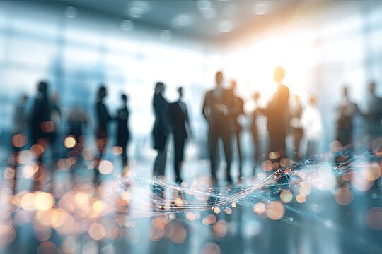 Blurry group of professionals mingling inside a modern, sunlit building with network overlay