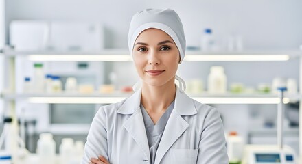 Embryologist conducting fertility research in IVF lab surrounded by petri dishes and specialized instruments (Industry)