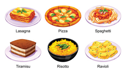 Set of classic Italian food dishes including lasagna, pizza, spaghetti, tiramisu, risotto, and ravioli. Vector cartoon illustration