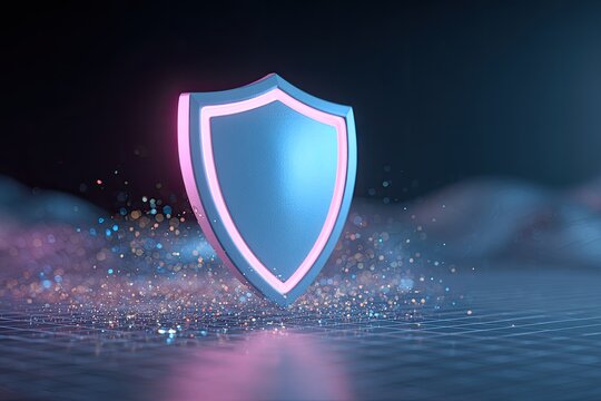 A glowing shield, with a neon pink border, floats over a shimmering wavy surface