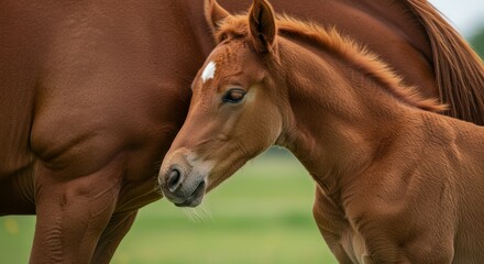 Fototapeta premium Gentle bond a tender moment between a chestnut foal and its mother