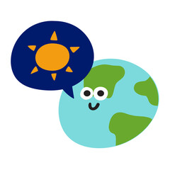 Planet Greets the Sun. Simple vector illustration of a cute planet character in a speech bubble with a sun. Minimal holiday design on white background.