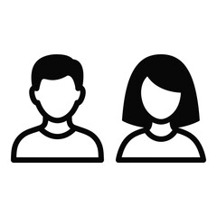 Simple person iconography representing male and female individuals for user profiles and identity silhouette
