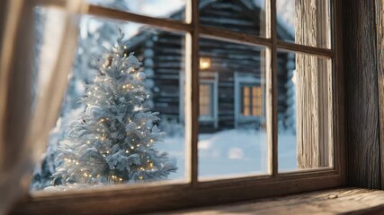 A beautiful Christmas tree shines through a cabin window in the serene snowy woods - Powered by Adobe