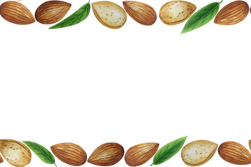 Watercolor horizontal seamless almond frame. White background. For design, backgrounds