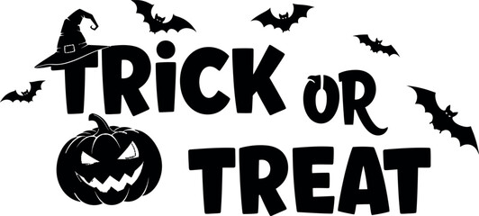 Spooky trick or treat halloween text with pumpkin and bats design vector
