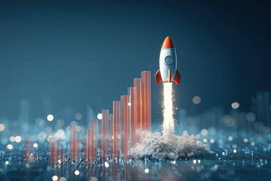 A 3D rendered rocket launches with rising bar graph, representing growth and progress