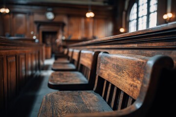 Empty jury box with wooden dark wood seats, quiet courtroom ambiance. Legal concept. Jury duty. Trial process.