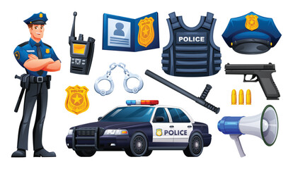 Professional police officer character and set of equipment including a patrol car, vest, gun, handcuffs, radio, and megaphone. Vector cartoon illustration © YG Studio