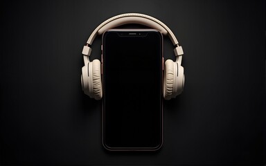 Podcast background. Mobile smartphone screen with podcast application, sound headphones. Audio voice with radio microphone on black. Recording studio or podcasting banner with copy space.