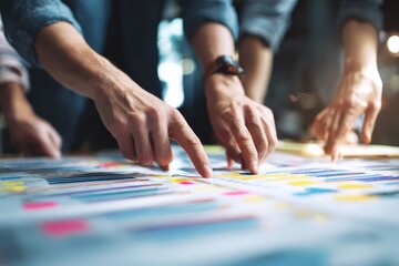 Obraz premium Hands of multiple team members pointing at business charts on table, teamwork in action at the office. Brainstorming and developing business strategy. 