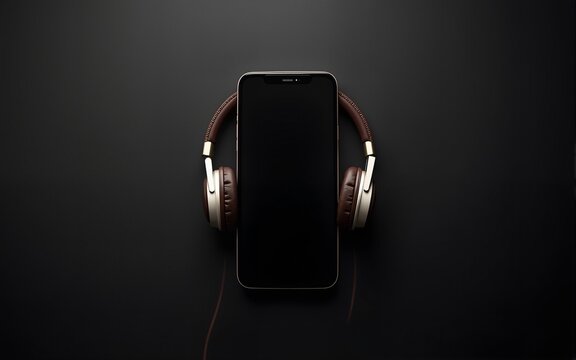 Podcast background. Mobile smartphone screen with podcast application, sound headphones. Audio voice with radio microphone on black. Recording studio or podcasting banner with copy space. - Powered by Adobe