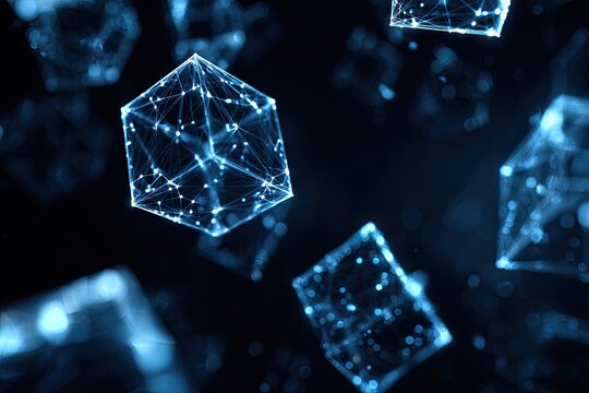 Glowing geometric shapes float in a dark space, interconnected with lines and dots